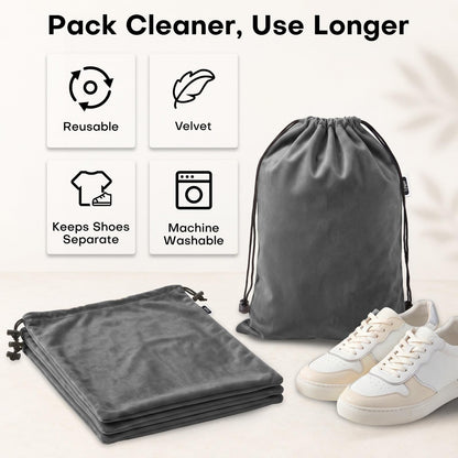 4 Pack Velvet Cloth Shoe Bags for Travel & Packing for Women & Men (Charcoal Gray)