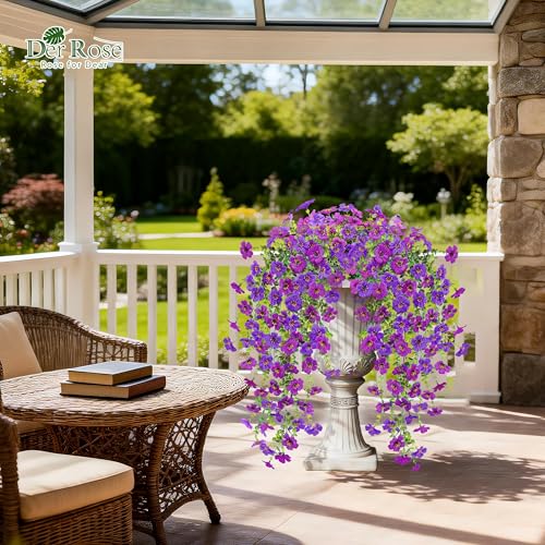 Artificial Hanging Flowers for Outdoors UV Resistant Fake Hanging Plants for Spring Decoration (Lavender / Deep Purple)