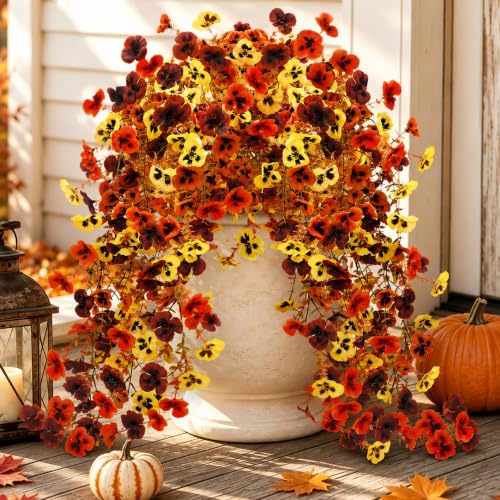 2Pcs Fall Pansies Flowers Artificial with 2'' Large Flower Heads (Yellow/Orange/Burgundy Pansy Flowers)