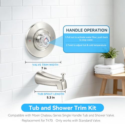 Tub Shower Trim Kit with Tub Spout Compatible with Moen T470 Chateau Valve