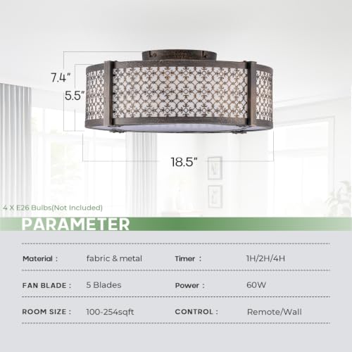 Boho Low Profile Flush Mount Fandelier Ceiling Fan with Light and Remote