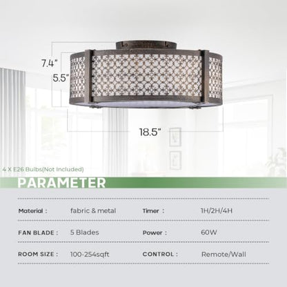 Boho Low Profile Flush Mount Fandelier Ceiling Fan with Light and Remote