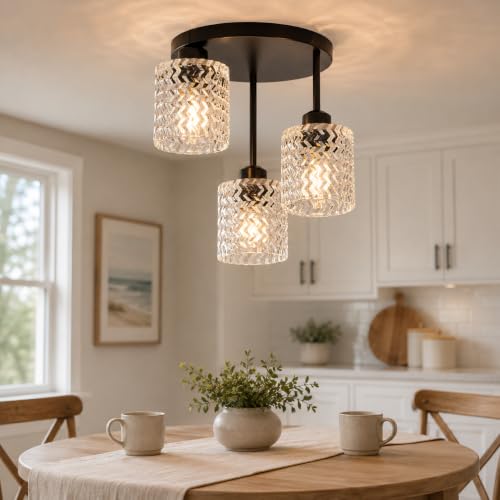 Semi Flush Ceiling Light Fixture Black 3 Lights with Clear Glass Shade (3Light-Clear)