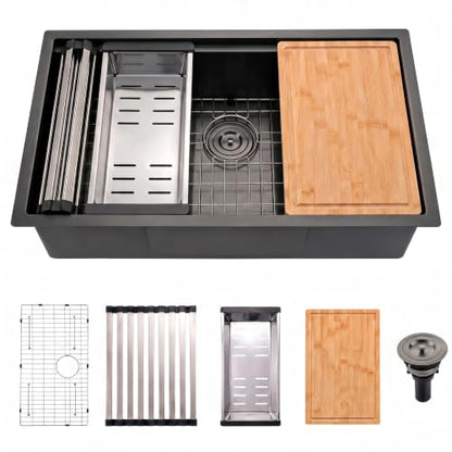 30in Black Stainless Steel Kitchen Sink Single Bowl Undermount