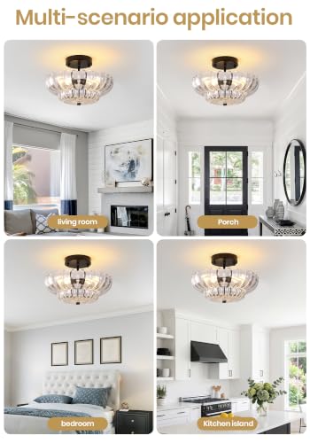 Vintage Black Close to Ceiling Light Fixture with Glass Shade