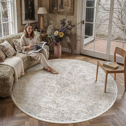Beige Round Rugs 8x8 Washable Rug Indoor Carpet (Multi Beige / 8' (Round))