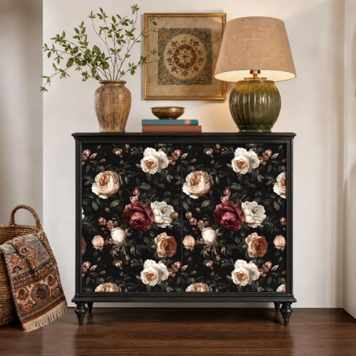 Vintage Burgundy Boho Floral Peel and Stick Wallpaper 17.4"x78.8" (Dark Red and Wite / 17.4" x 78.8")