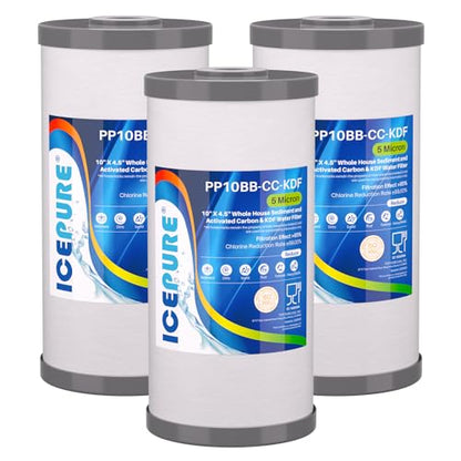 5 Micron 10" x 4.5" Whole House Sediment Activated Carbon and KDF Water Filter Compatible with GE FXHTC (PP Cotton + Activated Carbon + KDF / 3 Count (Pack of 1))