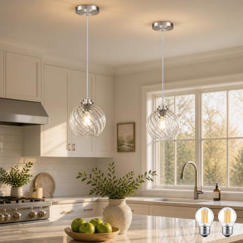 6" Nickel Globe Pendant Light 2 Pack Ribbed Glass Pendant Lights Kitchen Island Height Adjustable Mid (Nickel & Fluted Glass / 6 Inch)