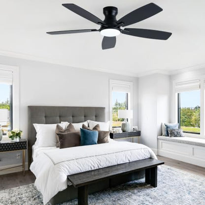 52 Inch Flush Mount Ceiling Fan with Display Remote (Black SY66-52IN)