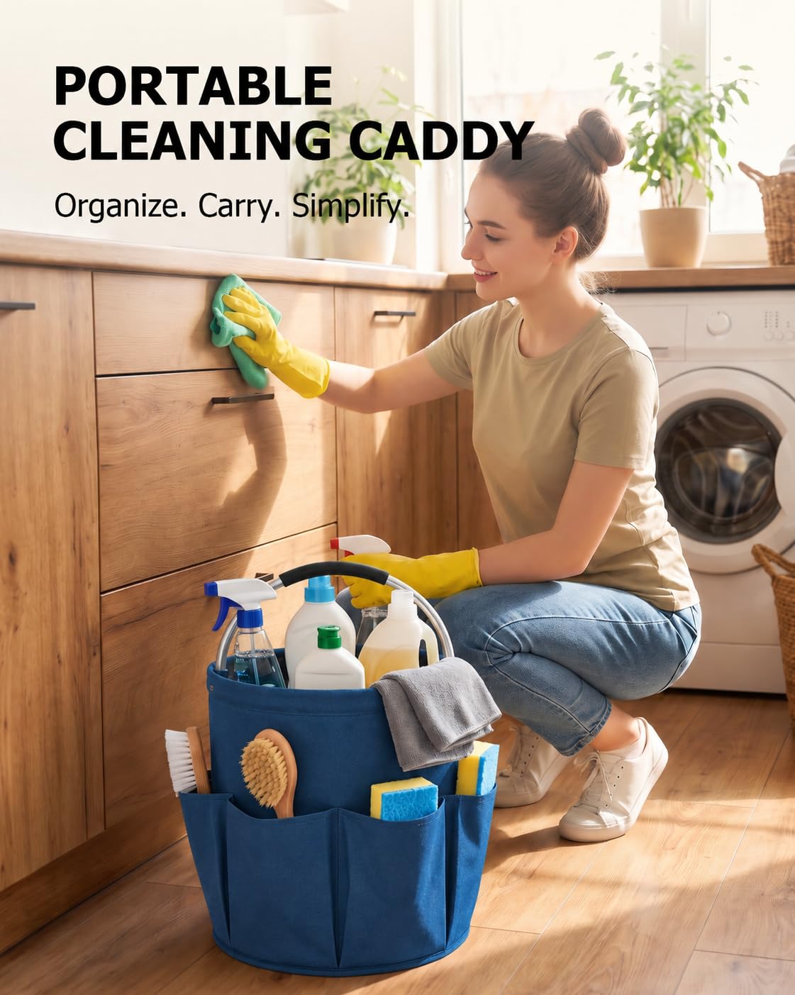 Foldable 4.5Gallon Cleaning Caddy Organizer with 6 Pockets (Blue)