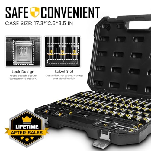 60-Piece/67-Piece 3/8" Drive Impact Socket Set, Metric & SAE Shallow Deep Socket Kit with Swivel Sockets, Extensions, Adapters & Universal Joint