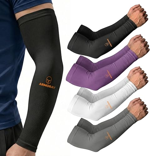 Arm Sleeves for Men & Women (Black + Purple + White + Gray (4 Pairs) / One Size Fits Most)