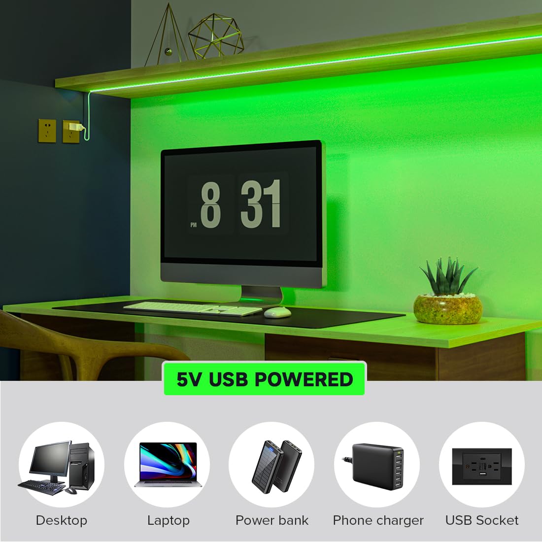 FCOB 5V USB Powered Green Color COB LED Strip Lights for TV (Green / 9.8FT)