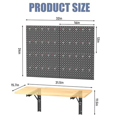 Space Saving Wall Mounted Folding Workbench with Pegboard Kit