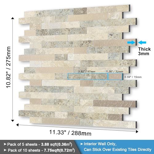 Marble Peel and Stick Backsplash Stick Tiles Subway Brown 10pcs (Autumn Brown)
