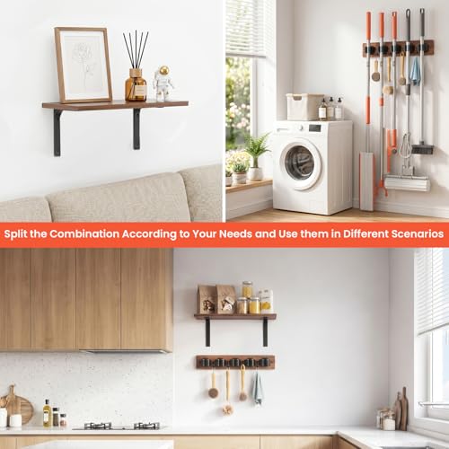 Broom Holder Wall Mount with Wooden Shelf