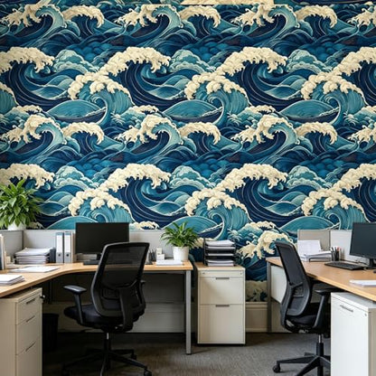 Vintage Coastal Wave Peel and Stick Wallpaper Navy Blue Cream Seamless Ocean Oriental Removable Waterproof Contact Paper for Accent Wall Bathroom Bedroom Nursery Kids Room Home Décor
