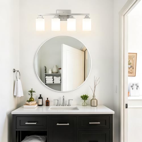 Brushed Nickel Bathroom Light Fixtures (Nickel-White Shade / 4-Light)