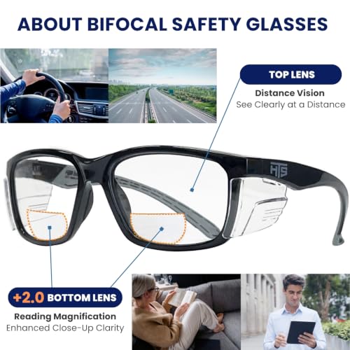 E60 2.0 Diopters Bifocal Safety Glasses with Side Shields (Black & Clear Bifocal (+2.0 Diopter))