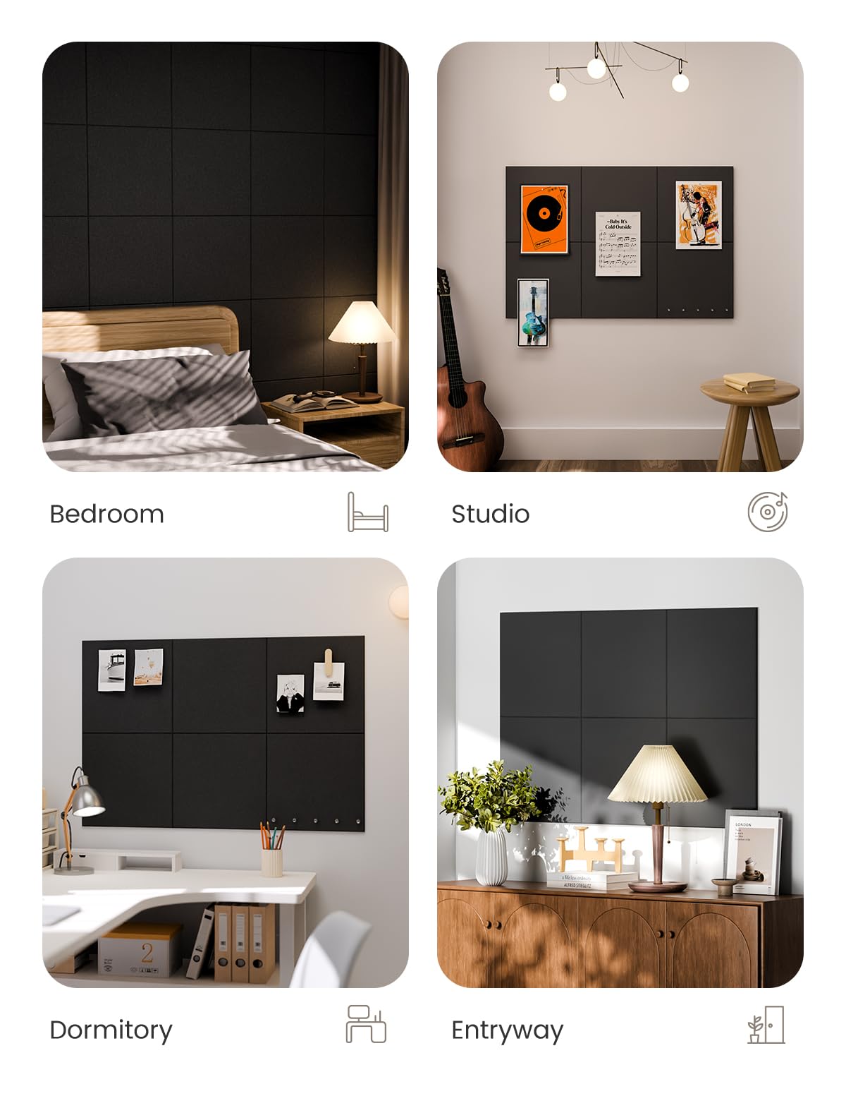 Felt Bulletin Board & Cork Board Alternative 36'' x 24'' (Black-1 / Solid tile 6-pack)