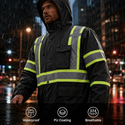 Rain Jacket Men Hi Vis Rain Coats Reflective Raincoat High Visibility Work Suits for Men Women Waterproof （RS250 (X-Large / Black)