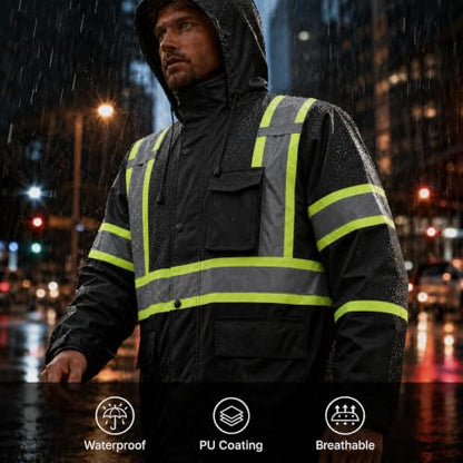 Rain Jacket Men Hi Vis Rain Coats Reflective Raincoat High Visibility Work Suits for Men Women Waterproof （RS250 (X-Large / Black)