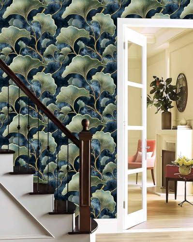 Dark Blue Ginkgo Leaf Peel and Stick Wallpaper