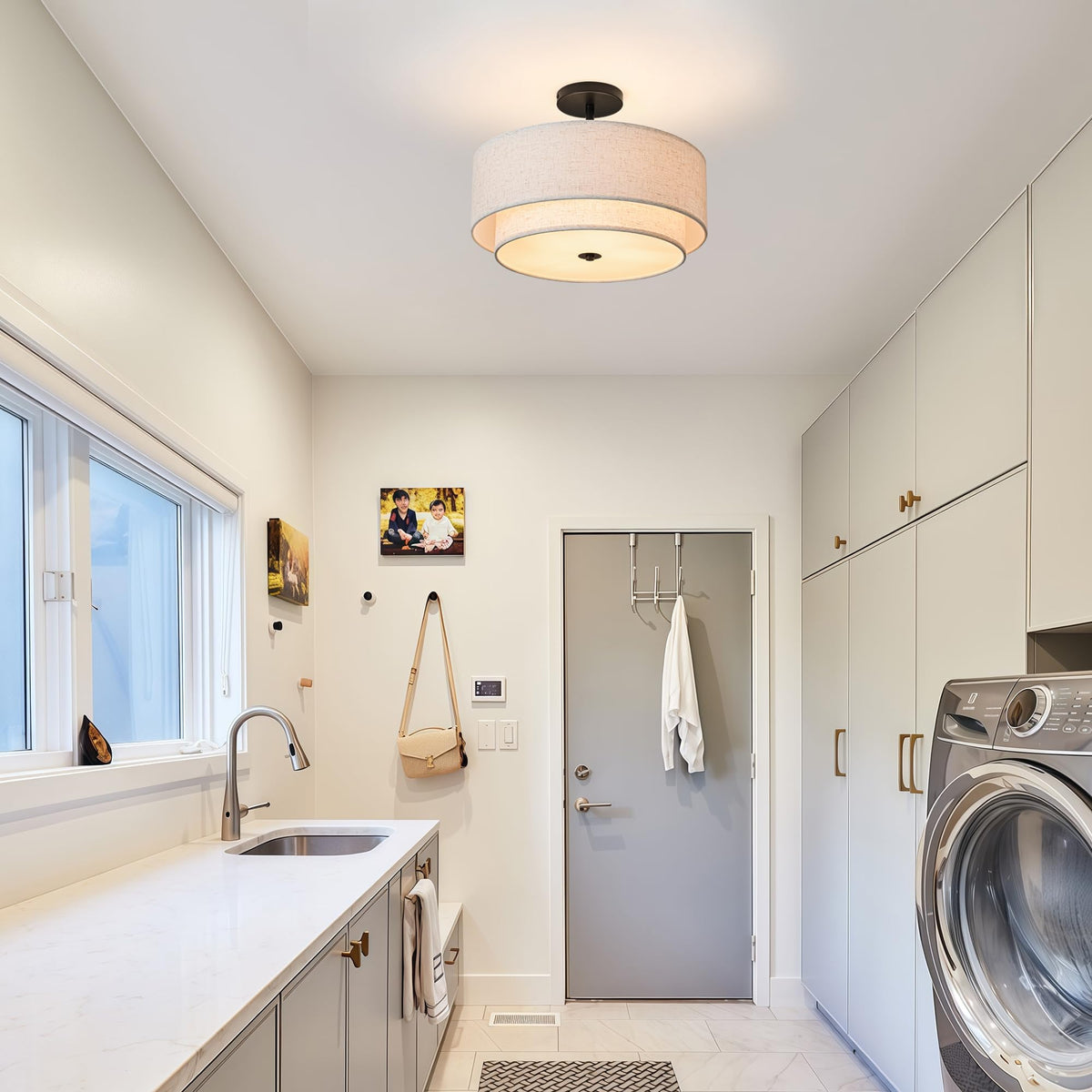15.7" Ceiling Light Fixture Semi Flush Mount Ceiling Light with Dual Drum Design Classic Fabric Linen Shade Design for Living Room Bedroom Hallway Living Room Kitchen Dining Room Entrywa (Fabric+White+14.9inch+3Light)