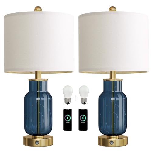 Glass Table Lamps Set of 2 with Nightlight for Bedroom