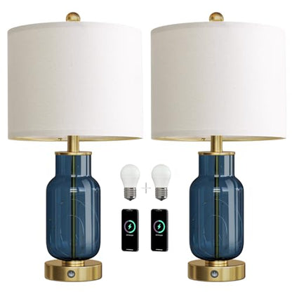 Glass Table Lamps Set of 2 with Nightlight for Bedroom