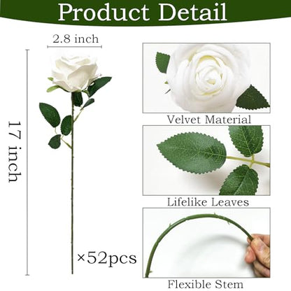 50Pcs White Roses Artificial Flowers with Stems for Home Decor (White / 50Pcs)