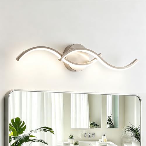 Brushed Nickel Curved 5CCT Bathroom Vanity Light Fixture Over Mirror