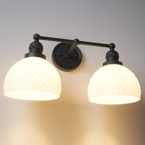 Vintage 2 Light Black Bathroom Light Fixtures with Milk Glass (2-Black)