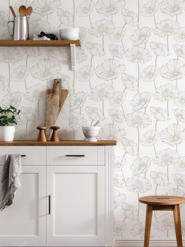 Modern Peel and Stick Wallpaper Beige and White Floral Wallpaper (17.3" x 118.1" / Beige and White)