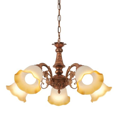 Vintage Antique Chandelier Bronze Finish with Frosted Gradient Amber Floral Glass Shades