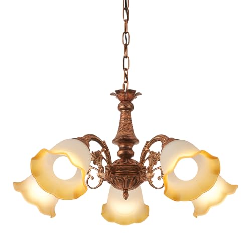 Vintage Antique Chandelier Bronze Finish with Frosted Gradient Amber Floral Glass Shades