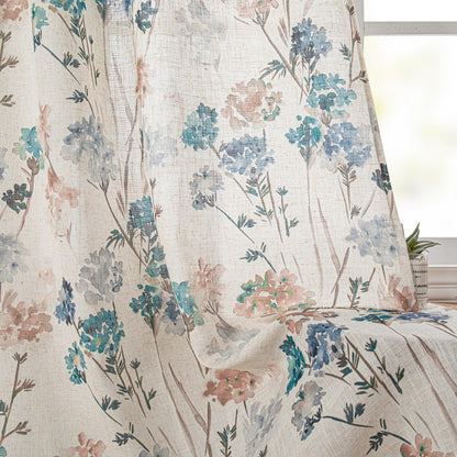Floral Linen Curtains 54 inch Length 2 Panels Set Patterned Semi Sheer Light Filtering Privacy Farmhouse Grommet Drapes for Bedroom Small Window (A-brown / 52"W x 54"L (Pack of 2))
