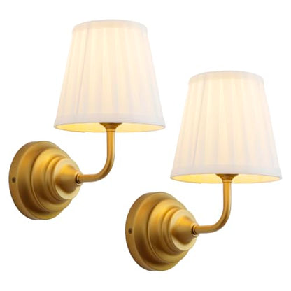 Vintage Wall Sconce Light Brass Gold Bathroom Vanity Light with Cotton Fabric Shade Hardwire Wall Sconce Lamp for Bedroom Living Room Bathroom Hallway Indoor