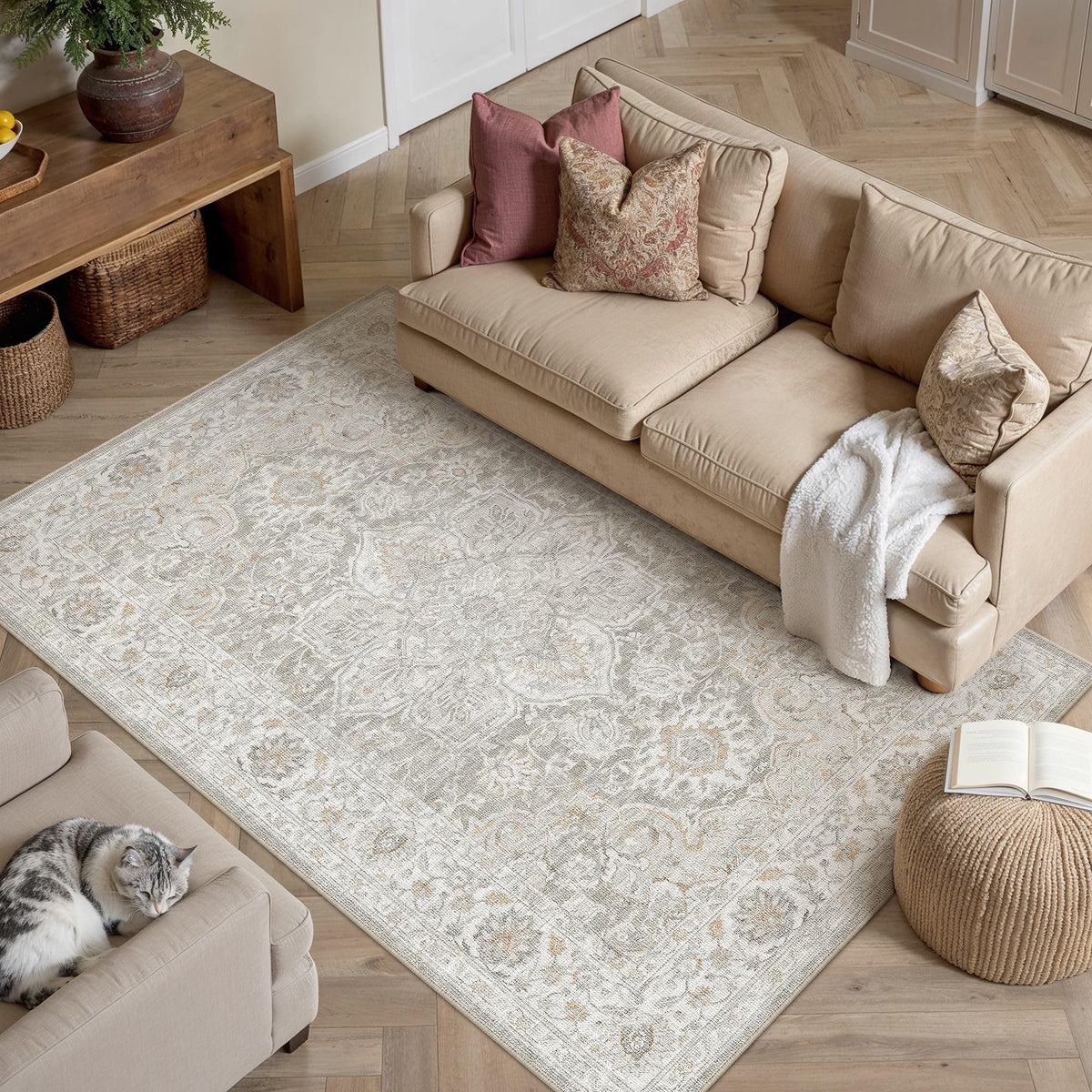 Grey Beige 4x6 Washable Area Rugs Vintage Indoor Carpet (E| Grey Beige / 4' x 6' (Rectangular))