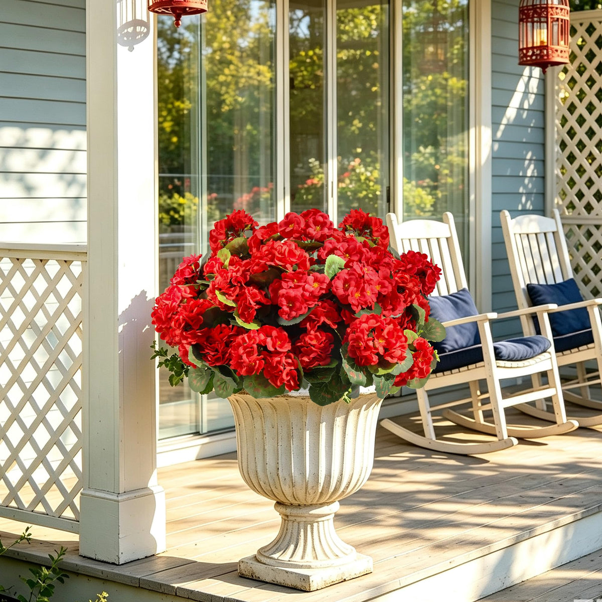 Artificial Geraniums Fake Flowers for Outdoors (Red / 12pcs)