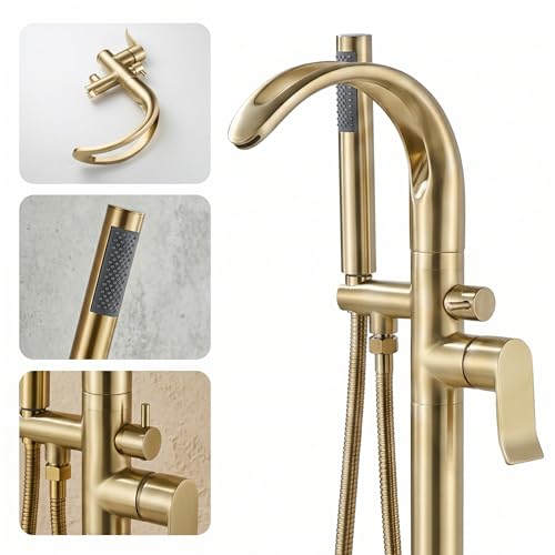 Freestanding Bathtub Faucet Stand Alone High Flow Brass Brush Gold Tub Filler