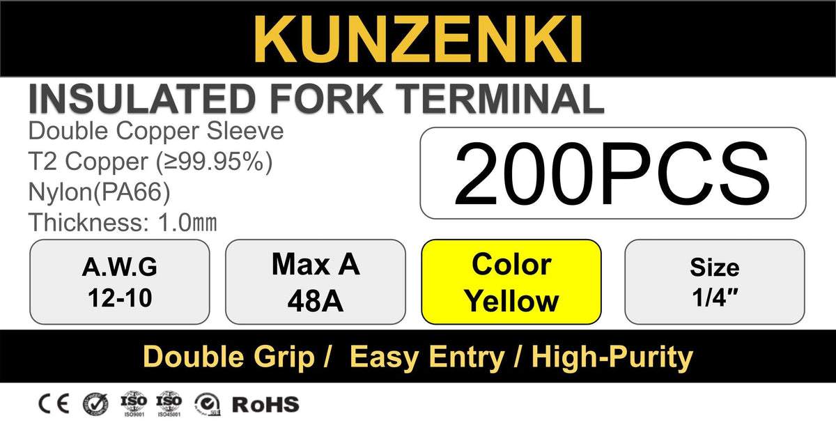 200pcs Nylon PA66 Insulated Fork Terminals (YELLOW(A.W.G12-10) / 1/4"(M6))