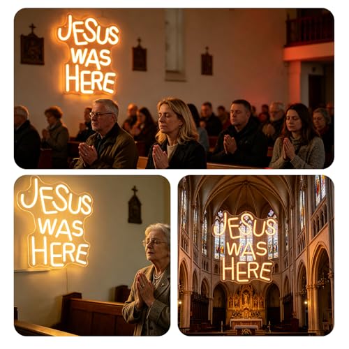 Neon Sign Jesus Was Here neon sign for Wall Decor Christian LED Signs Dimmable&USB Power Neon Light for Bedroom Easter Religious Events Church Decor（Warm White）
