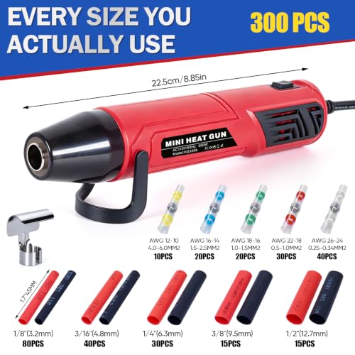 300 PCS Solder Seal Wire Connectors with 350W Mini Heat Gun Kit Overheat Protection Waterproof Heat Shrink Wire Connectors