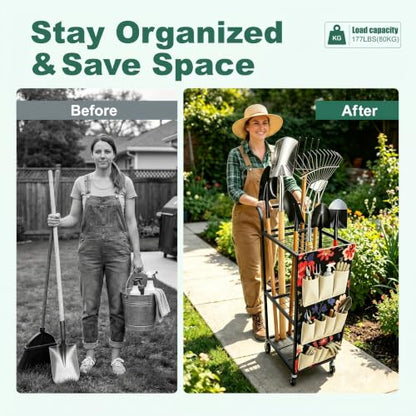 Garden Tool Organizer with Wheels 3 Tier Yard Tool Organizer Rack with Side Storage Pockets Sturdy Metal Steel Holder with 6 Hooks for Garage