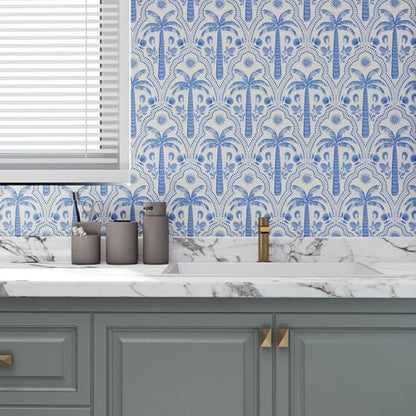 17.7"x78.7" Tropical Peel and Stick Wallpaper Blue Coastal Palm Tree Seashells Shrimp Ocean Pattern Wall Paper for Bedroom Bathroom Playroom Removable Self (Blue / 17.7" x 78.7")