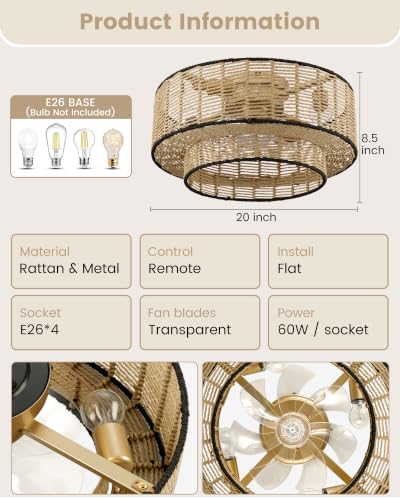 20" Rattan Boho Caged Ceiling Fan with Light Flush Mount and Remote