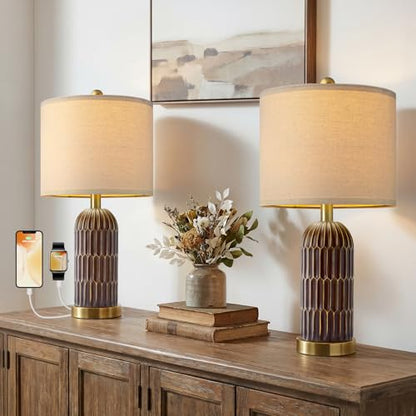 Table Lamp Set of 2 for Bedroom Living Room with USB A+C Charging Ports Modern Farmhouse Bedside End Lamps Rustic Nightstand Lamps