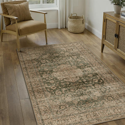 3x5 Washable Area Rug Green Brown Vintage Rug for Entryway (Green/Brown / 3' x 5' (Rectangular))